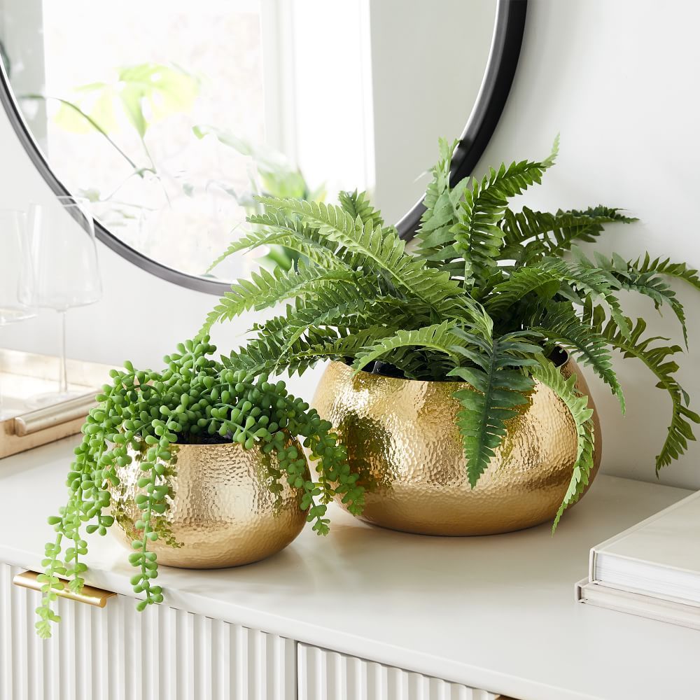 Hammered Metal Planter, Small, 7&amp;quot;D x 4.2&amp;quot;H, Polished Brass | West Elm (US)