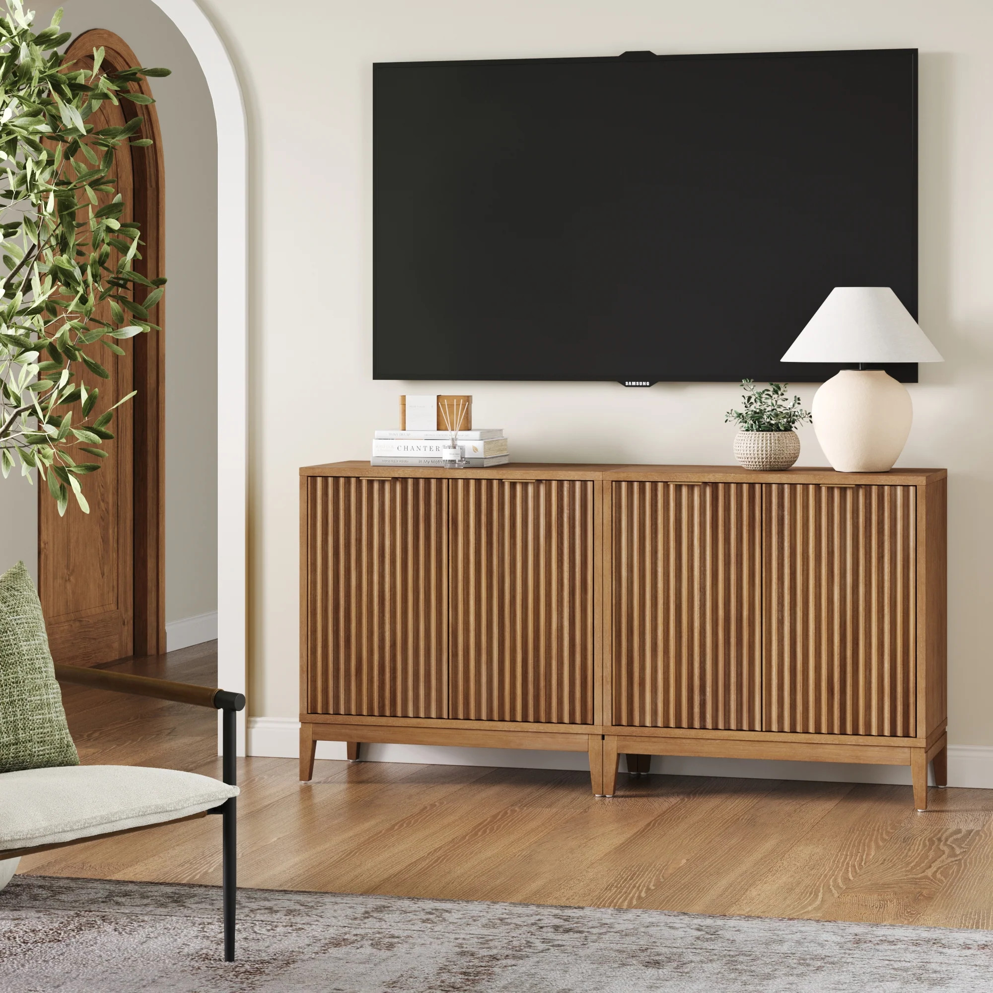 Mid-Century Fluted TV Console Credenza Light Brown (Set of 2) | Nathan James