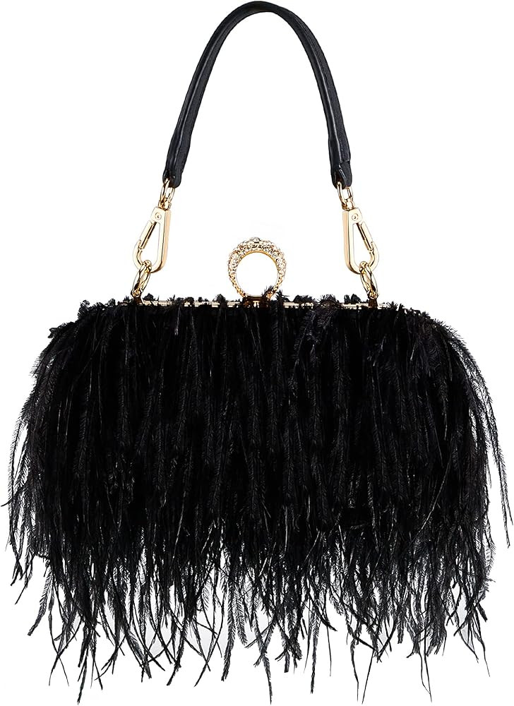 Women Ostrich Feather Tote Bag Fluffy Purse Clutch Feather Evening Handbag for Wedding Anniversary P | Amazon (US)