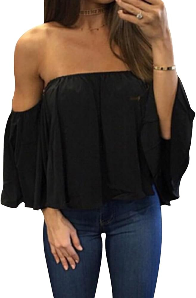 Women's Summer Off Shoulder Blouses Short Sleeves Sexy Tops Chiffon Ruffles Casual T Shirt | Amazon (US)