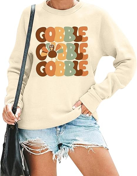 Thanksgiving Sweatshirt Turkey Shirt Women Gobble Graphic Print Pullover Fall Long Sleeve Tops | Amazon (US)