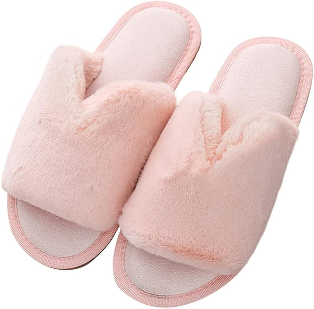 Husmeu Women's Cozy Fluffy Slippers for Women Open Toe House Shoes Sandals Fuzzy Bedroom Slippers Me | Amazon (US)