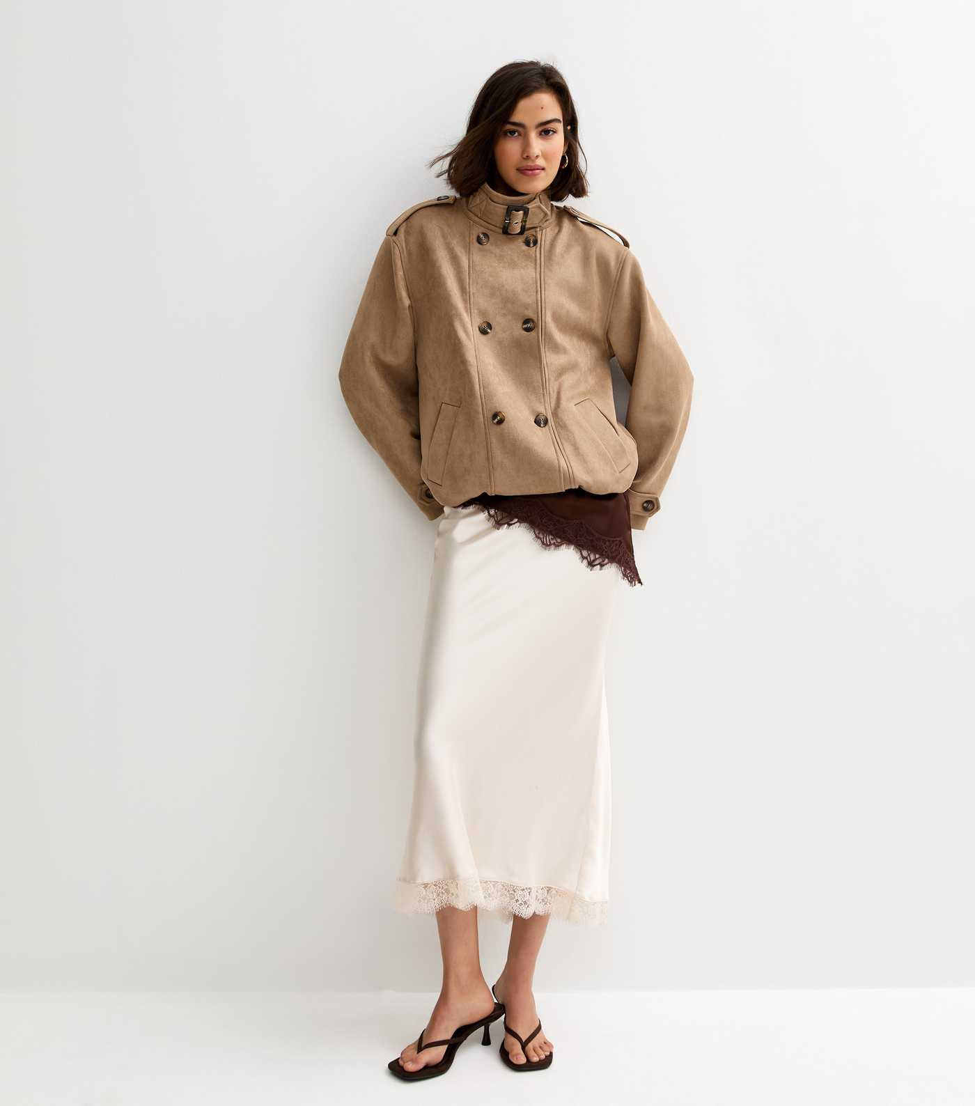 Camel Faux Suede Double Breasted Bomber Jacket | New Look | New Look (UK)