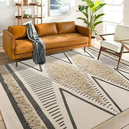 Geometric Boho Rug 4X6 Feet Washable Cottage Rugs Woven Cream Living Room Rug Tribal Rug with Diamon | Walmart (US)