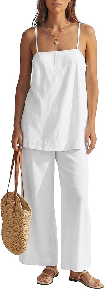 MAKABO Women's Two Piece Beach Vacation Pant Set Summer, Linen Feel Comfy Travel Outfits Casual T... | Amazon (US)