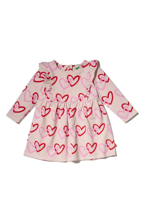 Mon Coeur Kids Heart Print Long Sleeve Ruffle Dress in Petal Pink/Multi at Nordstrom, Size 4Y | Nordstrom