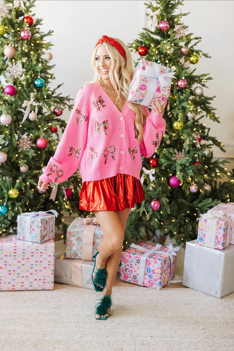 Queen Of Sparkles Plaid Bow Cardigan - Pink | The Impeccable Pig
