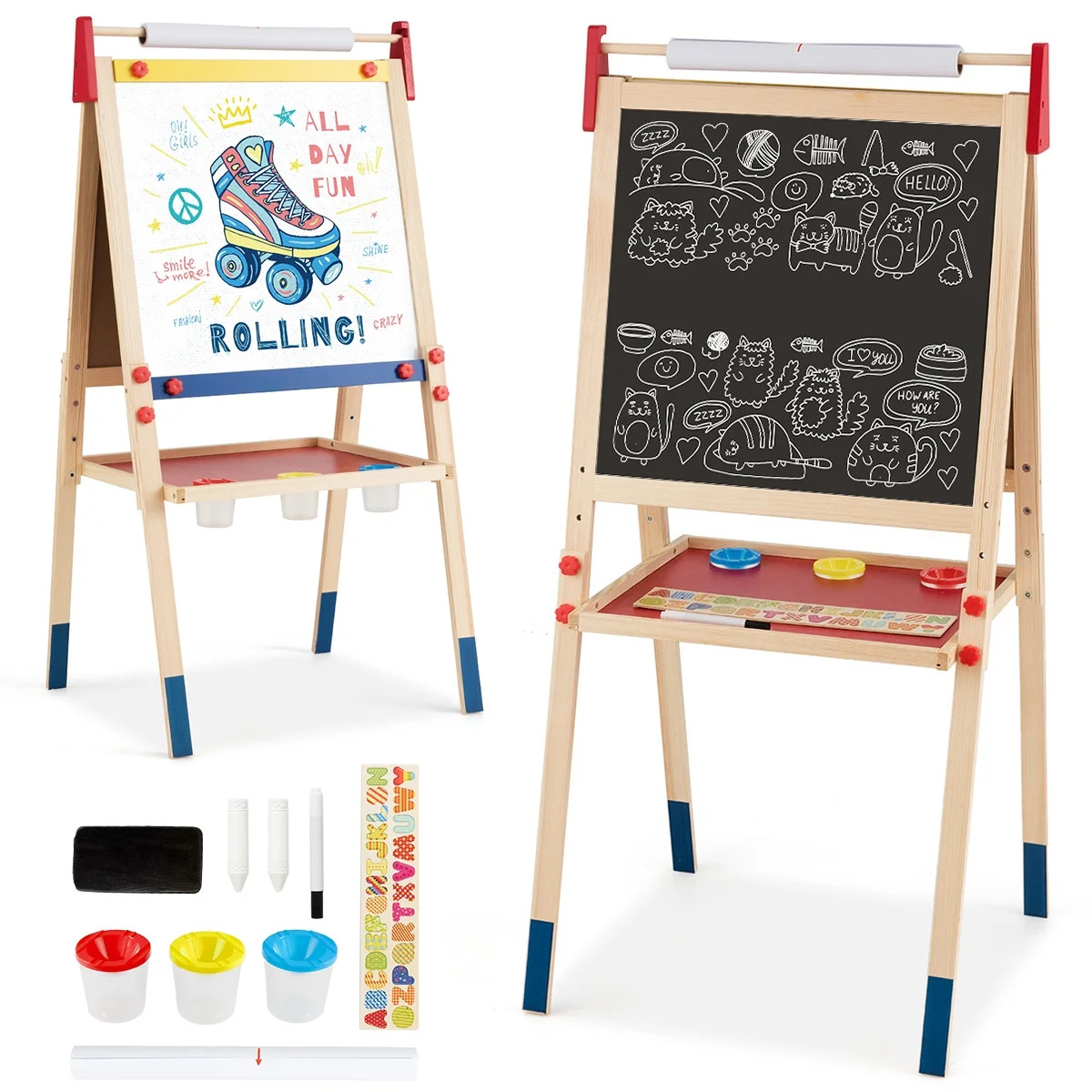 Costway All-in-One Wooden Kid's Art Easel Height Adjustable Paper Roll | Walmart (US)