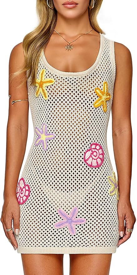 FAIRY SEASON Women's Crochet Beach Cover Up with 3D Starfish & Shells, Sleeveless Mini Dress for ... | Amazon (US)
