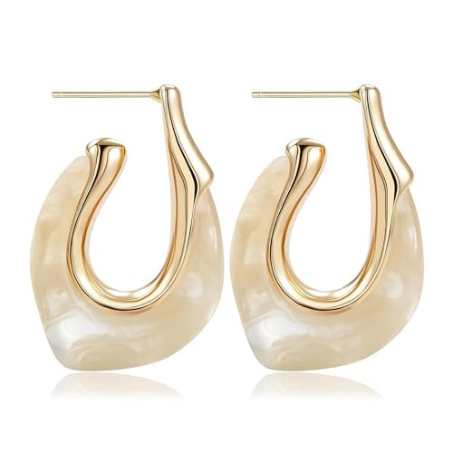 Resin Gold Huggie Hoop Earrings Chunky Statement Vintage Earrings Cute Summer Acrylic Drop Earring Unique Trendy Jewelry Gifts for Women(White) | Amazon (US)