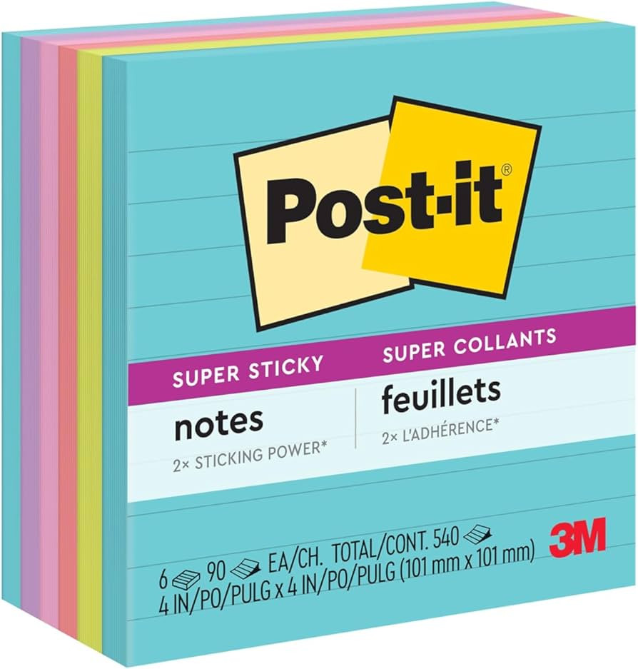 Post-it Super Sticky Lined Notes, 6 Sticky Note Pads, 4 x 4 in., School Supplies, Office Products... | Amazon (US)