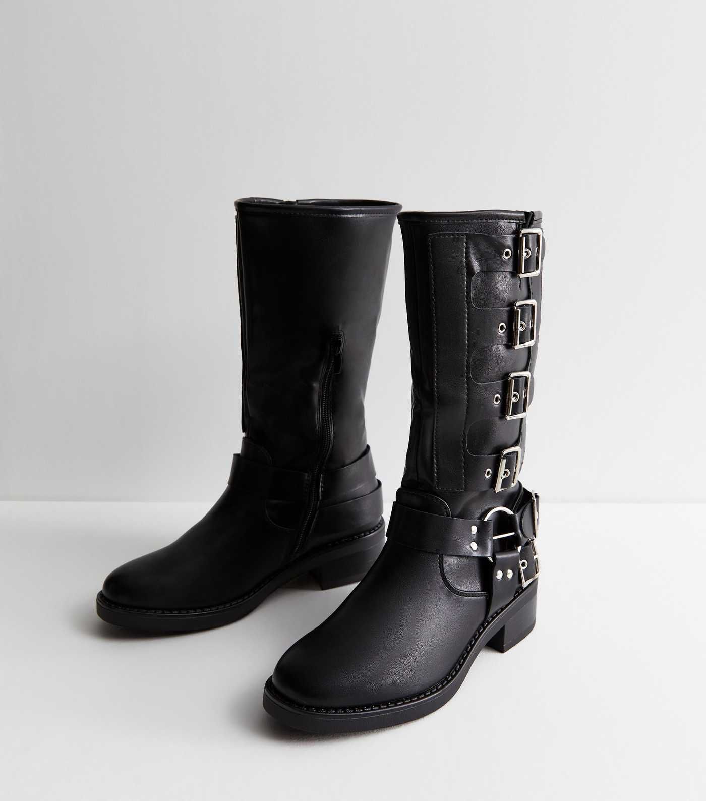 Truffle Black Leather-Look Buckle Biker Boots | New Look | New Look (UK)
