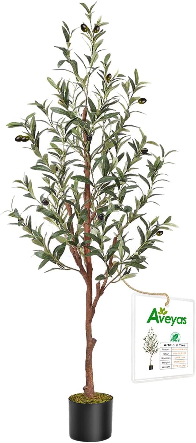 Aveyas 4ft Artificial Olive Tree for Home Decor, 4 Feet Small Faux Plant Fake Skinny Silk Trees w... | Amazon (US)