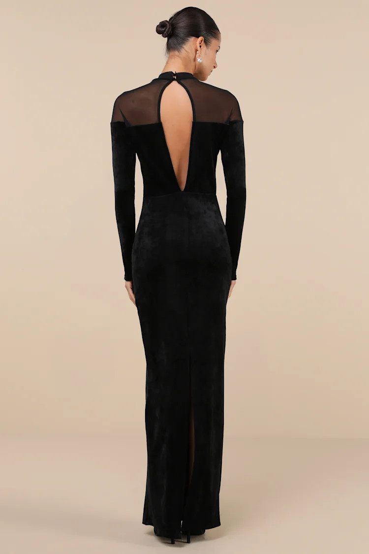Exemplary Allure Black Velvet Mock Neck Long Sleeve Maxi Dress | Lulus