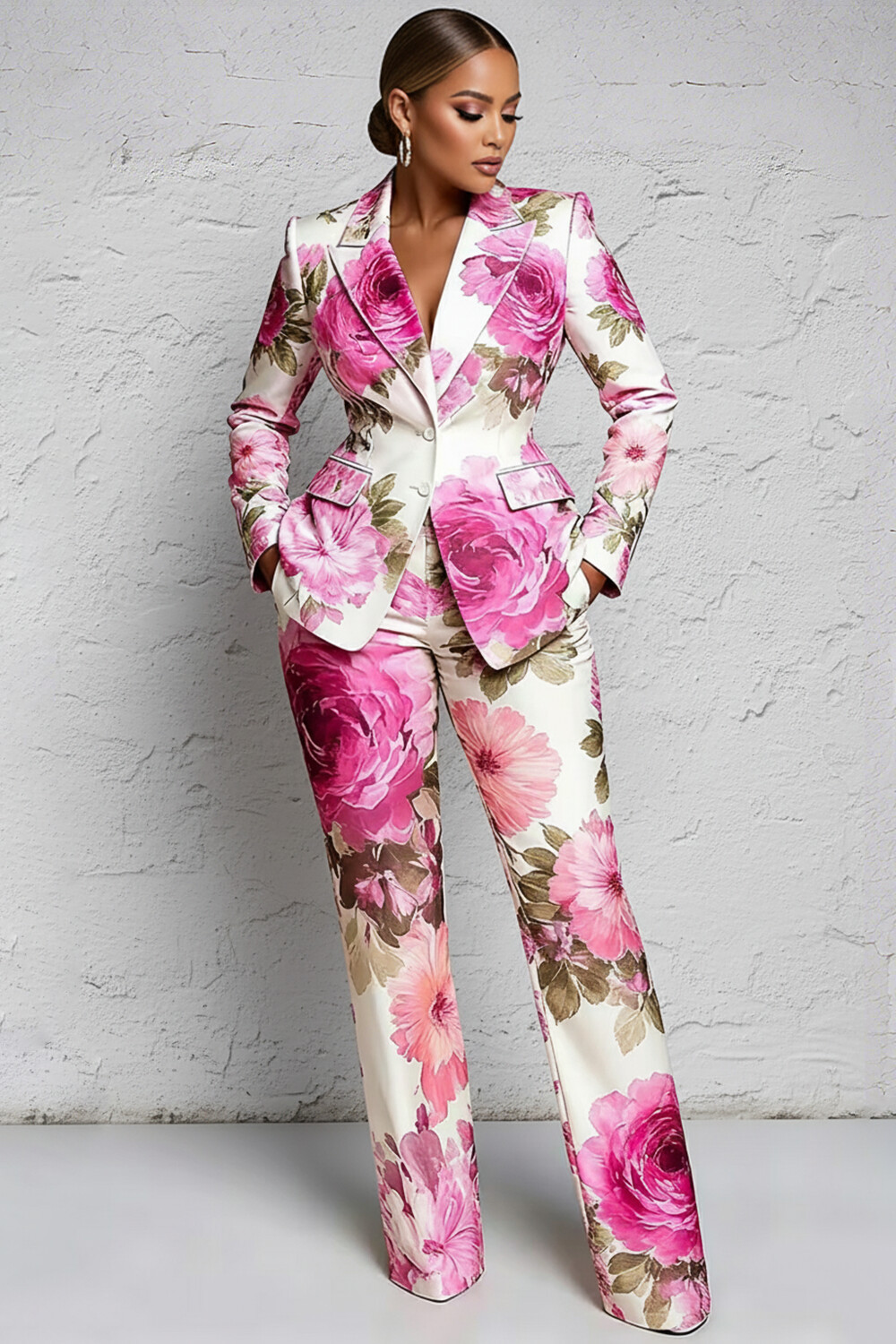 Xpluswear Design Plus Size Formal Yellow Floral Lapel Collar Long Sleeve Pocket Two Piece Pant Suits Pink-2XL/18-20 | Xpluswear