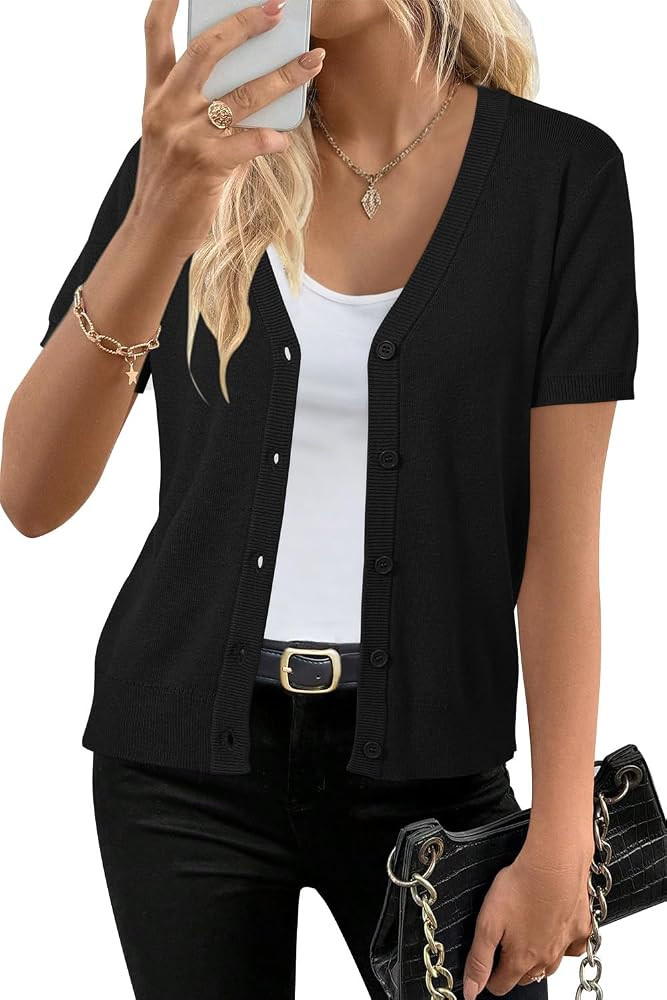 Arach&Cloz Women's Wool Blend Short Sleeve Lightweight Cardigan Business Casual Summer Sweaters T... | Amazon (US)
