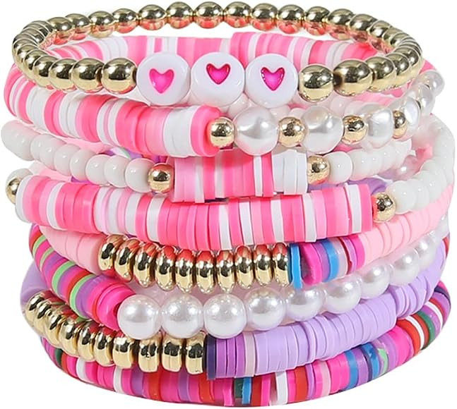 COLORFUL BLING 5-12Pcs 5-12Pcs Bohemian Love Heart Bead Bracelets for Women Vinyl Disc Heishi Sur... | Amazon (US)