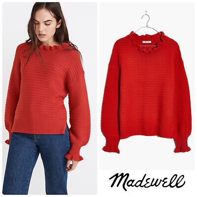 Madewell NWT Ruffle-Neck Cotton-Merino Wool Pullover Sweater in Kilt Red, XL  | eBay | eBay US