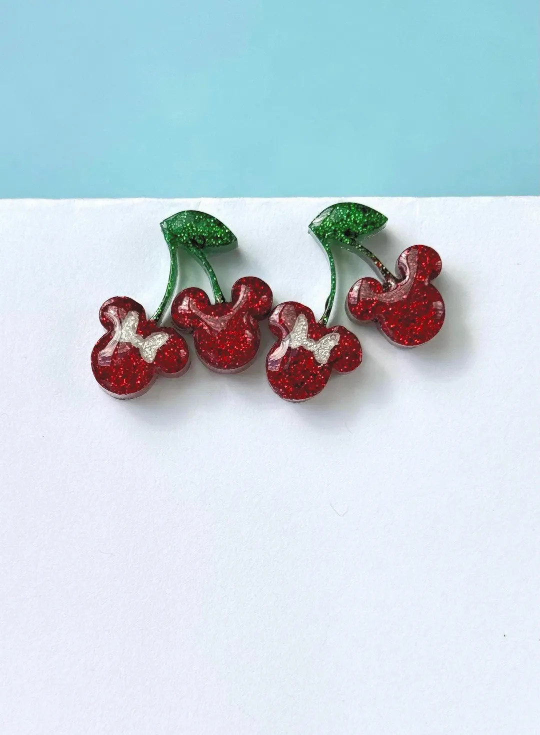 Mickey Cherry Stud Earrings: Red Green Holographic Glitter | Etsy (US)