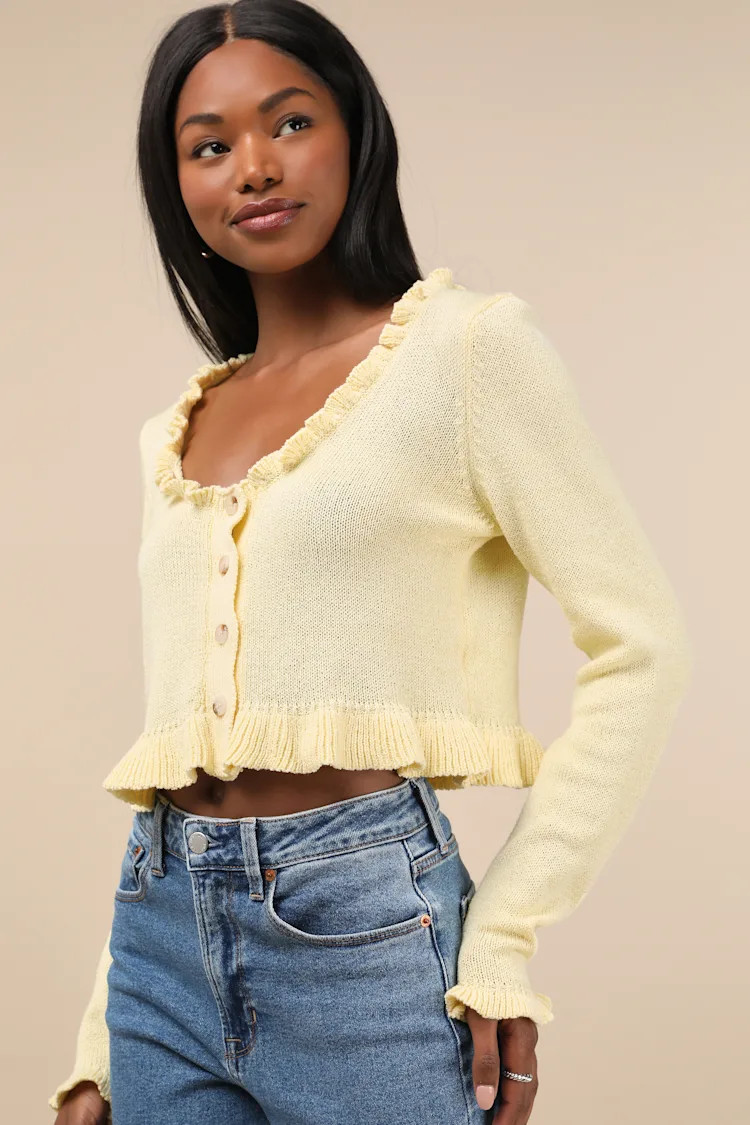 Impressively Sweet Light Yellow Ruffled Cropped Cardigan | Lulus