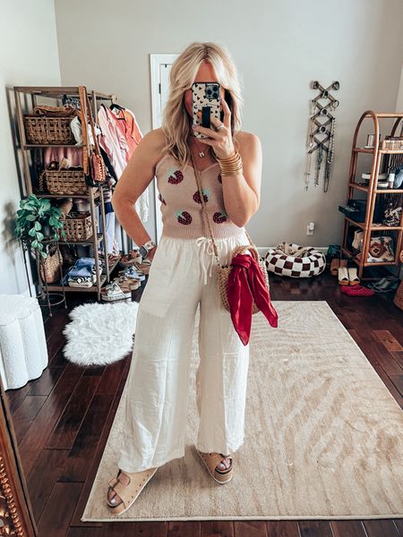 Love this cutie strawberry sweater! 🍓
Perfect and so comfy with these pants! 
Sweater tank L
Pants L
Sandals TTS 
Sandals, summer outfit, summer style 

#LTKFindsUnder50 #LTKStyleTip #LTKOver40