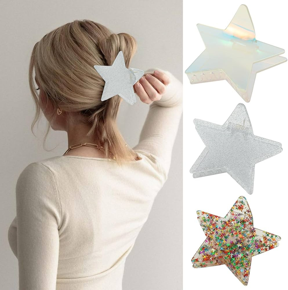 Y2k Star Hair Claw Clips for Women, 3Pcs Large Acetate Hair Claws Pentagram Cute Hair Claw Clips ... | Amazon (US)