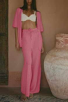 Imily Bela Women's Summer 2 Piece Swimsuit Cover up Crochet Knit Cardigan Tops Long Pants Set Bat... | Amazon (US)