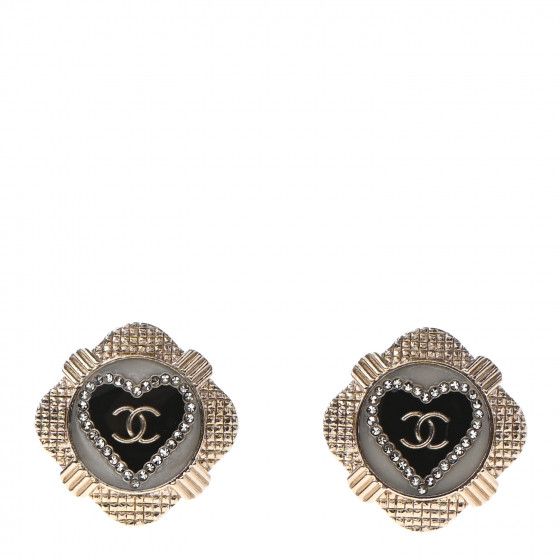 CHANEL Resin Crystal Quilted CC Heart Earrings Gold Black | Fashionphile