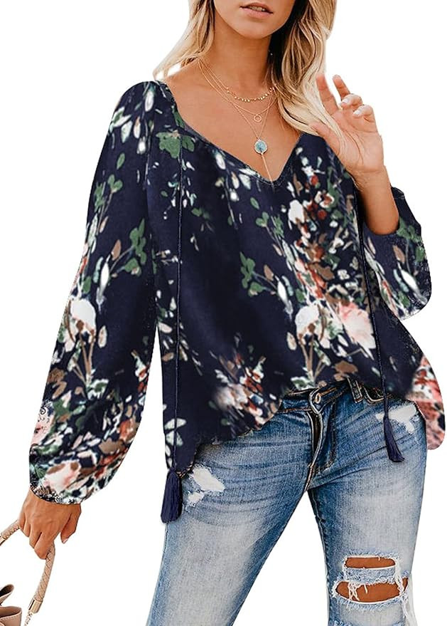 Eytino Women Boho Floral Printed V Neck Long Sleeve Drawstring Blouse Tops(S-XXL) | Amazon (US)