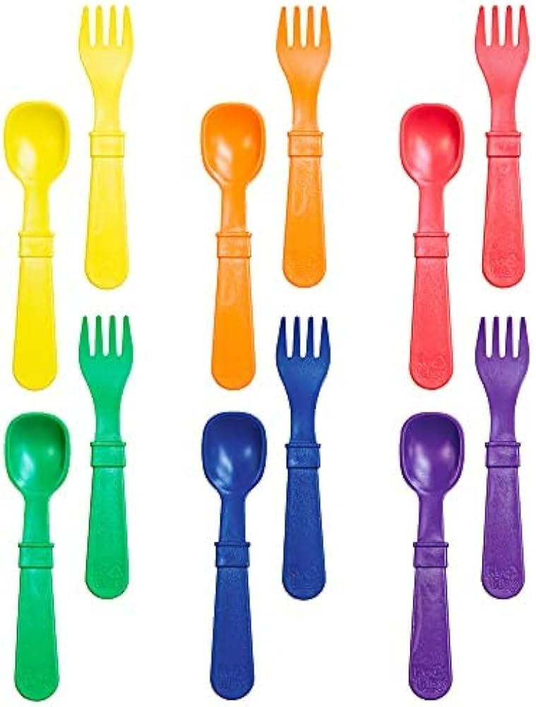 Re-Play Made in USA Toddler Forks and Spoons, Pack of 12 Without Carrying Case - 6 Kids Forks with Rounded Tips and 6 Deep Scoop Toddler Spoons - 0.2" Thick Toddler Utensils, Crayon Box | Amazon (US)