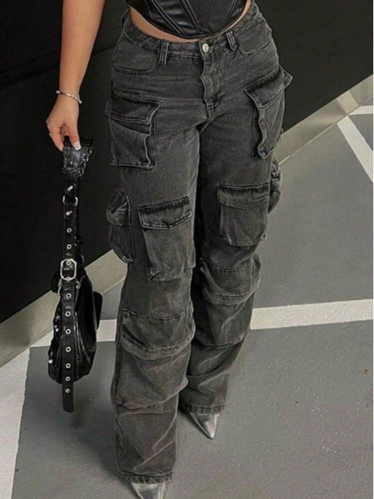 1pc Cargo Jeans High Waisted Wide Leg Baggy Denim Y2k Fashion Pocket Design Loose Fit,Back To School | SHEIN