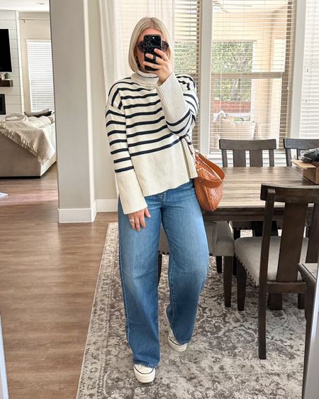 Casual winter outfit idea, wide leg jeans outfit, striped sweaterr