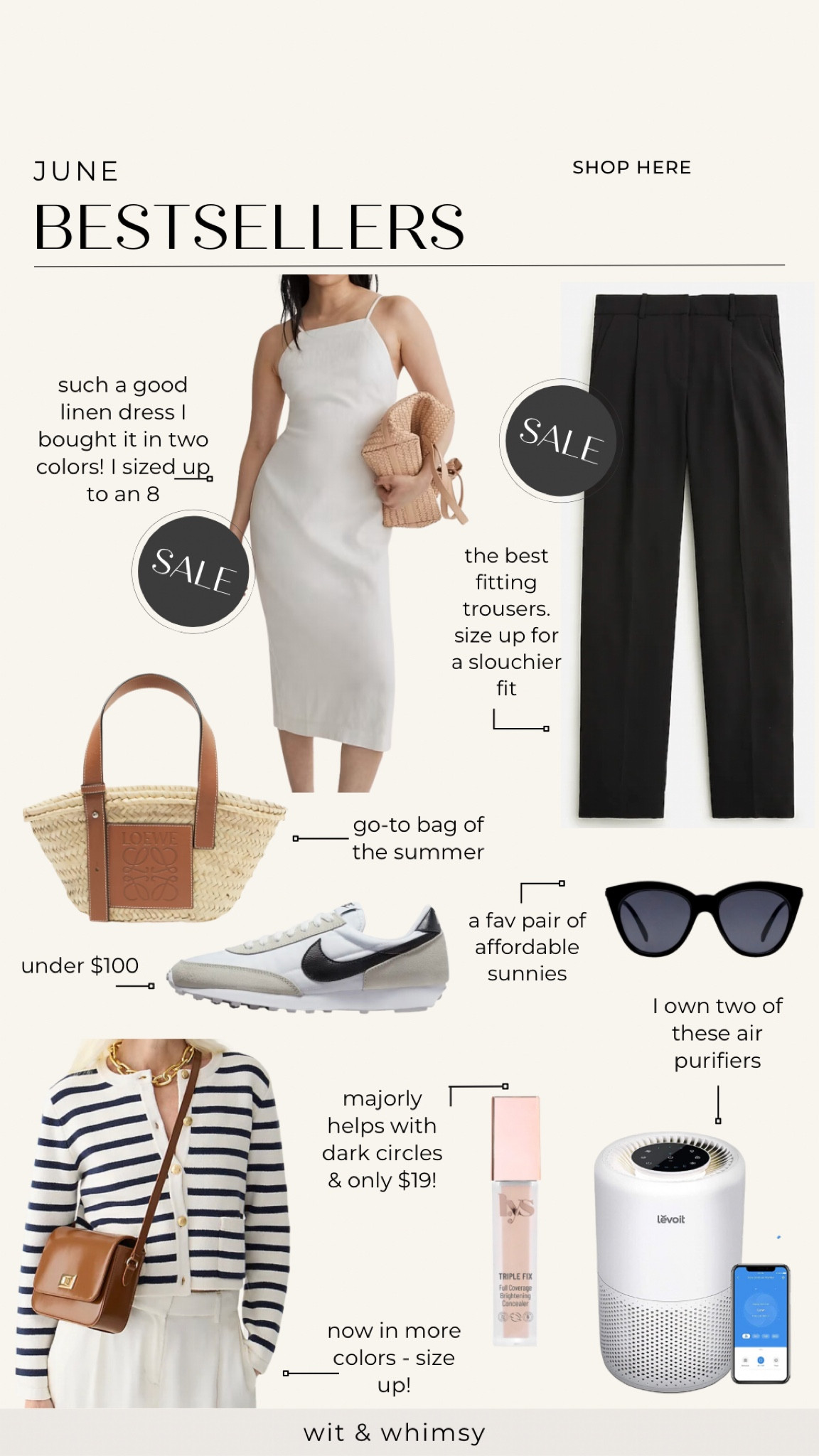 June bestsellers!
Linen midi dress white dress (recommend sizing up!)
Trousers 
Nike sneakers
Straw tote summer bag
Affordable sunglasses
Striped sweater jacket (runs small!)
Affordable concealer 
Air purifier 

#LTKSeasonal