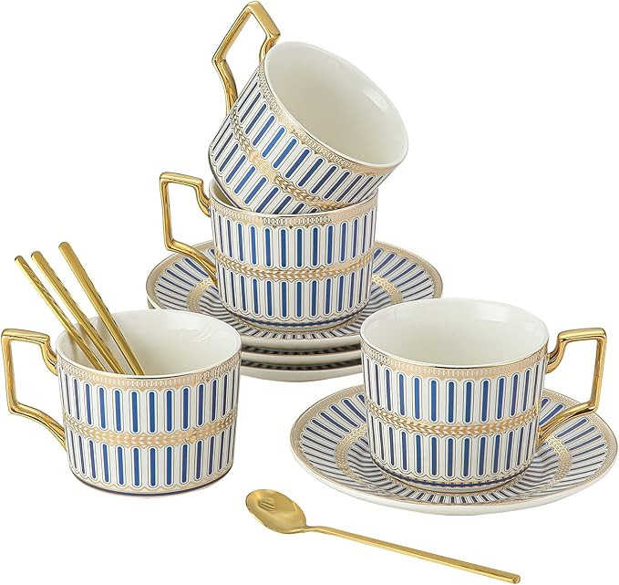 CwlwGO-Ceramic Coffe Cups and Saucer Sets,British Bone China Blue Gold Tea Cup and Saucers Servic... | Amazon (US)