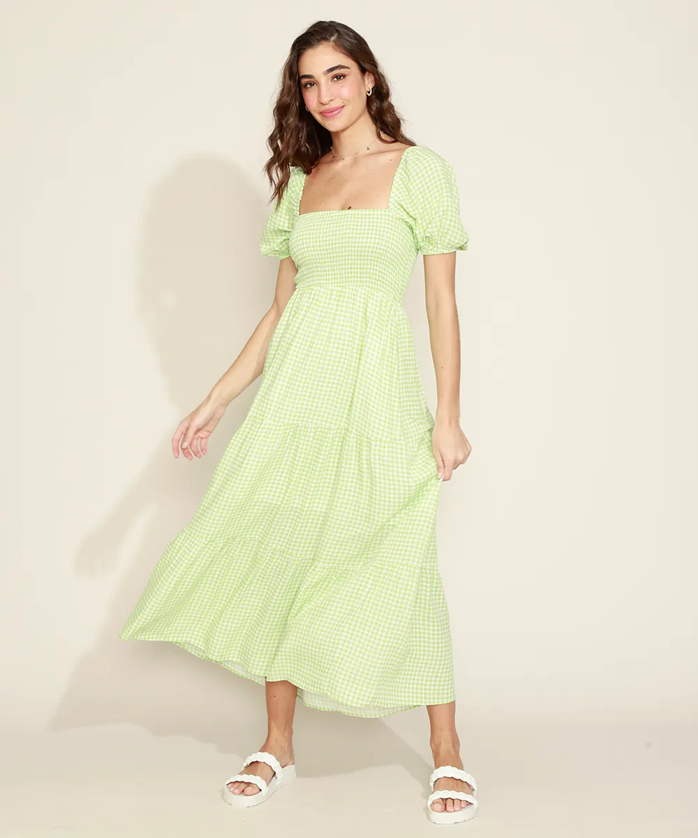 Vestido Feminino Midi Estampado Xadrez Vichy com Lastex e Recortes Manga Bufante Verde | C&A (BR)