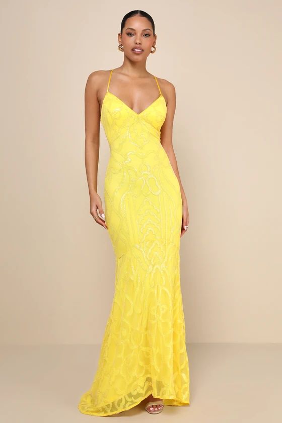 Perfect Enchantment Yellow Sequin Lace-Up Mermaid Maxi Dress | Lulus