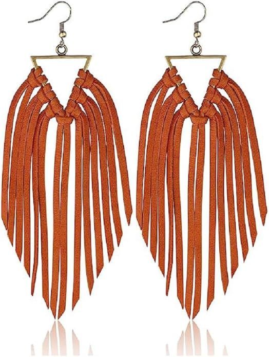 Bohemian Statement Light Weight Fringe Leather Earrrings Triangle Deerskin Leather Boho Western S... | Amazon (US)