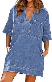 loveimgs Womens Summer Casual Denim Dress Short Sleeve V Neck Distressed Jean Dresses Mini Shirt ... | Amazon (US)
