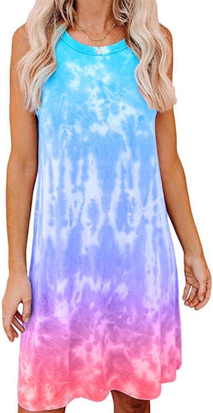 Women's Tie Dye Tank Sleeveless Knee Length Pleated Sun Dresses Pajama Sleep Shirt Lounge Dress | Amazon (US)
