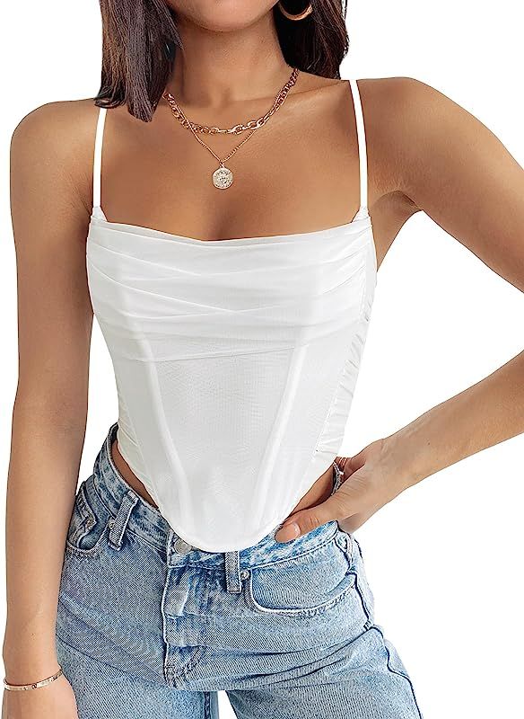 ZESICA Women's Sexy Bustier Crop Top Spaghetti Straps Backless Y2k Club Party Cami Corset Tops | Amazon (US)