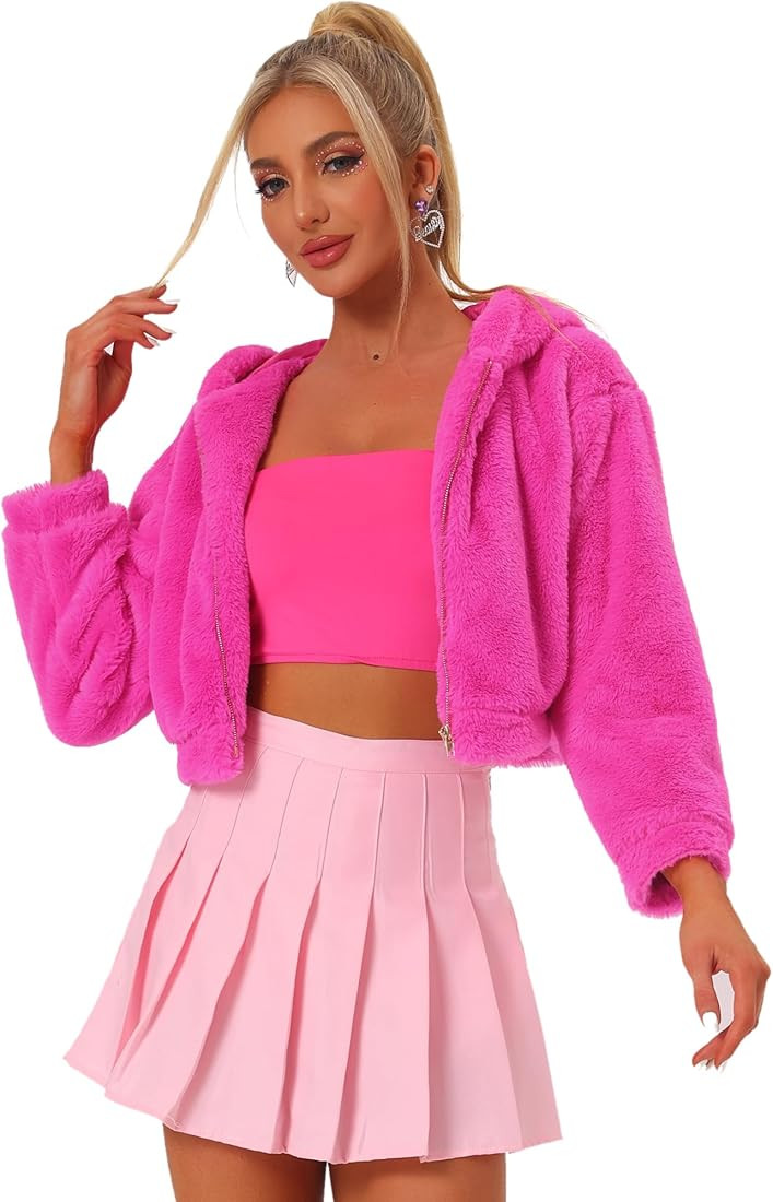 Allegra K Women's Casual Faux Fur Coat Zip Up Hooded Cropped Fuzzy Fleece Jacket | Amazon (US)