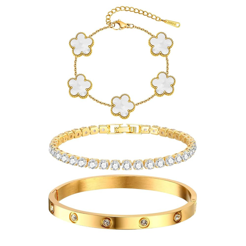 Womens Stackable Floral Gold Bracelets - 3Pcs 18K Gold Plated Bracelet,Stainless Steel Bangle Bra... | Amazon (US)