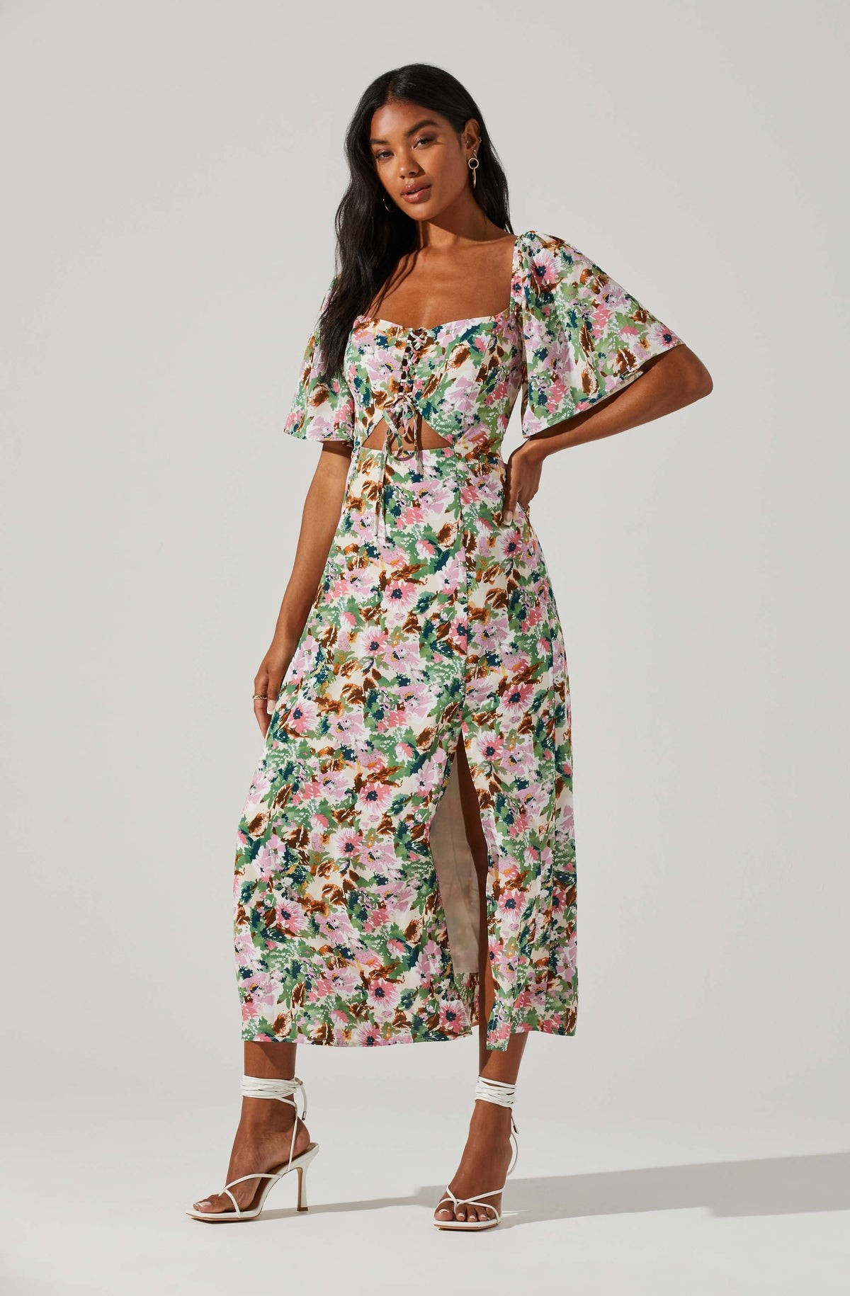 Lace Up Flutter Sleeve Cut Out Midi Dress | ASTR The Label (US)