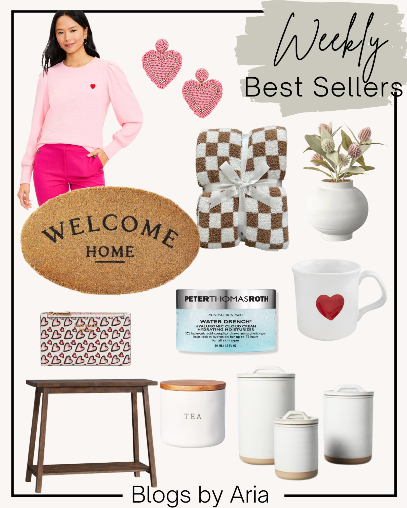 Last weeks bestsellers! Welcome mat, entryway table, checkered blanket, heart sweater, heart earrings, heart mug, kitchen canisters, heart wallet, tea canister, face moisturizer #ltkbeauty #ltkstyletip #ltkseasonal 

#LTKFind #LTKhome