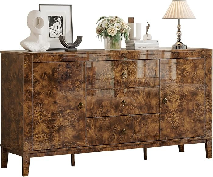 60'' High Gloss Burl Wood Buffet Sideboard, Storage Cabinet with 3 Drawers & 2 Closed Cabinets, M... | Amazon (US)