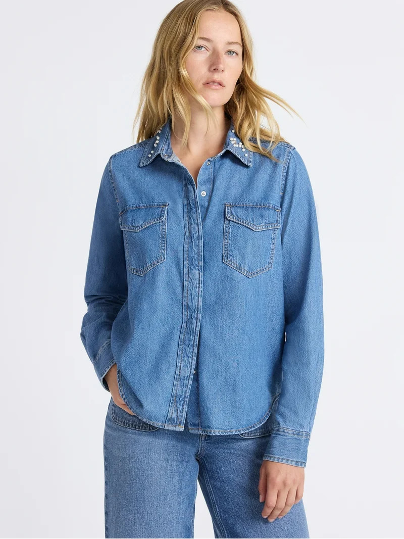 Free Assembly Women's Embellished Denim Shirt with Long Sleeves, Sizes XS-XXXL | Walmart (US)