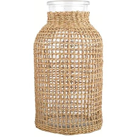 RISEON Vintage Rustic Handwoven Natural Seagrass Rattan Glass Vase Floral Container Farmhouse Dry Fa | Amazon (US)