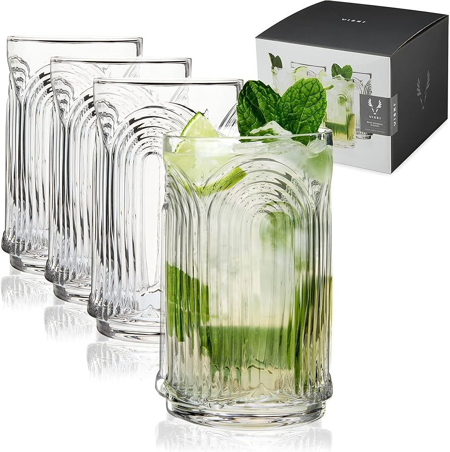 Viski Beau Highball Glasses - Vintage Drinking Glasses for Cocktails or Water - Art Deco Glasswar... | Amazon (US)