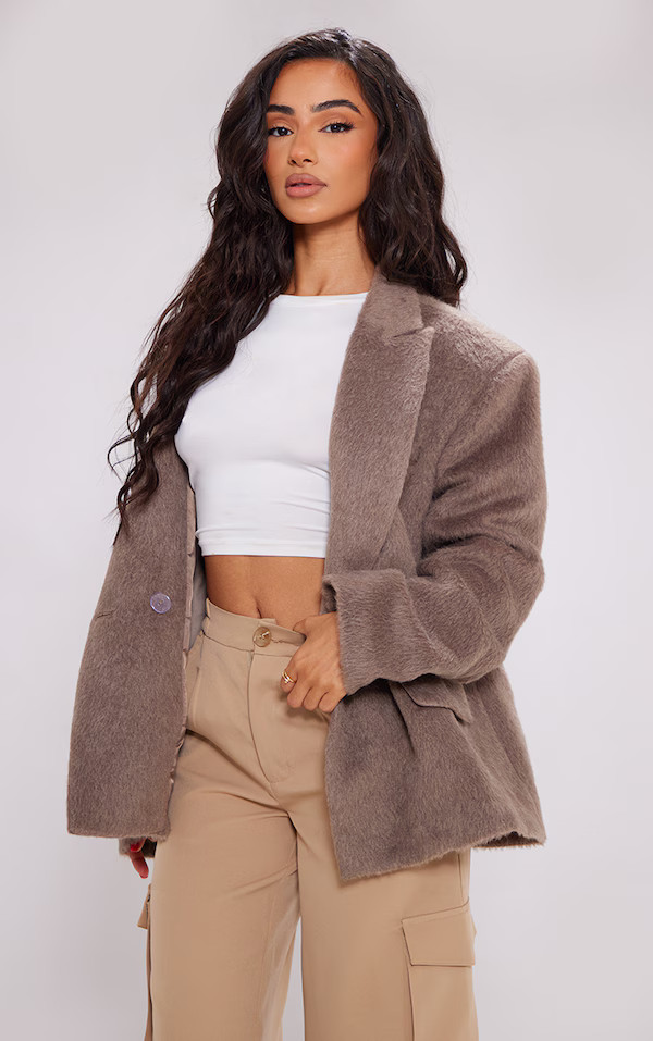 Petite Mink Wool Look Pocket Oversized Blazer | PrettyLittleThing UK