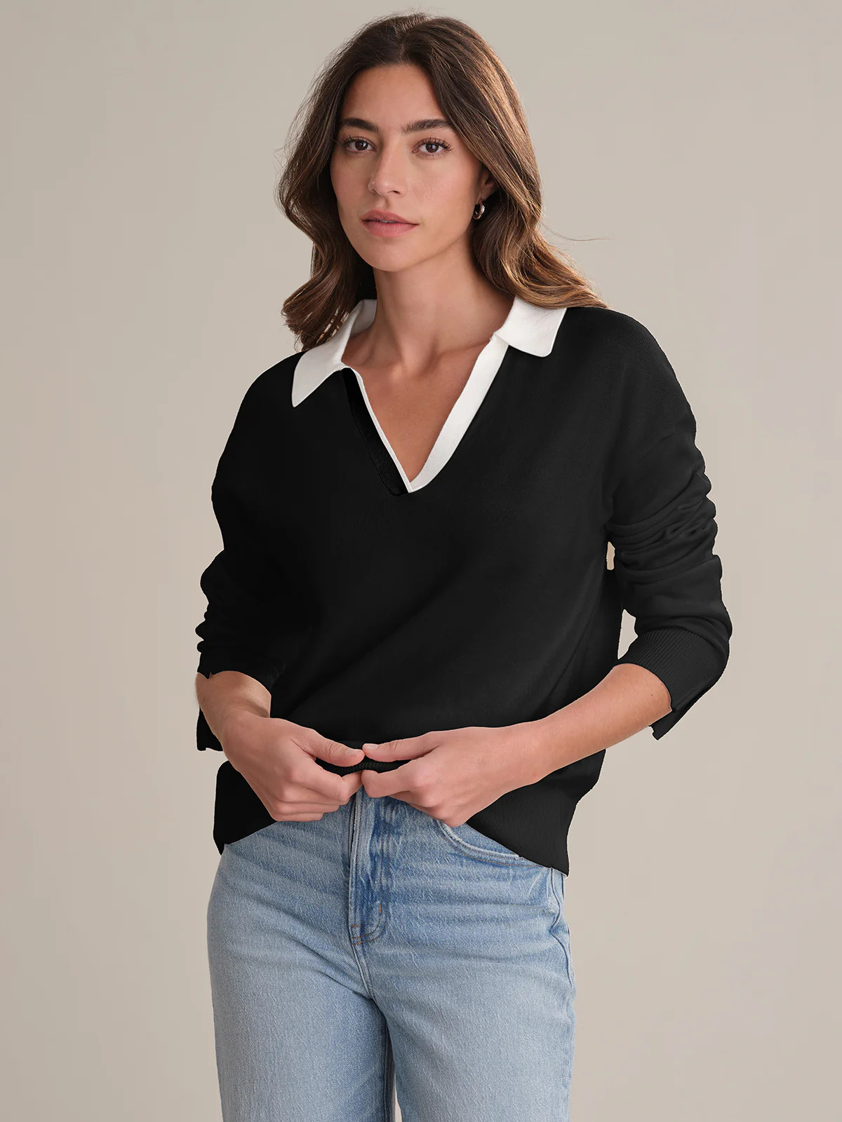 Maddi: V-Neck Double Collar Cotton Pullover | 525 America